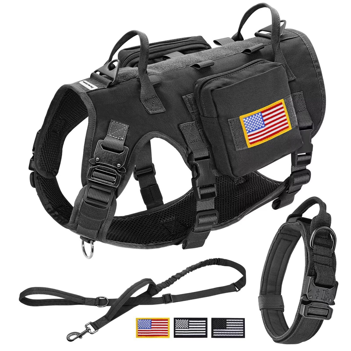 Forestpaw Tactical Dog Harness & Bungee Leash Set with Pouches